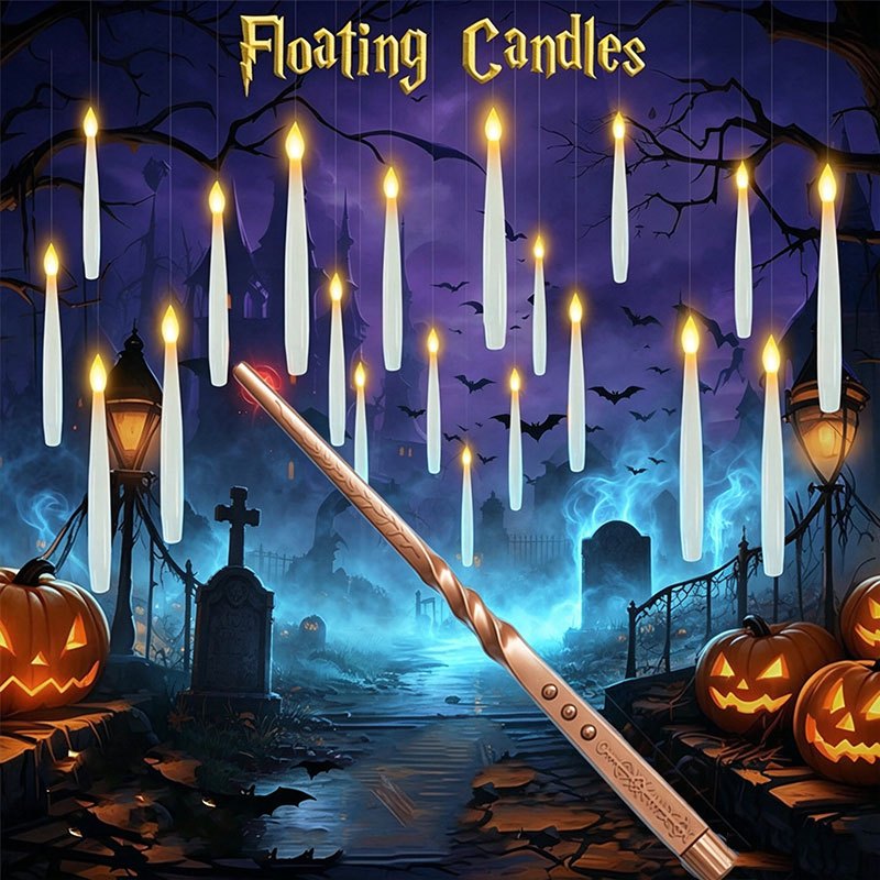 Diy Halloween Electronics - 魔法のフローティングキャンドル（杖付き）、炎のないLEDハンギングキャンドル、ゆらめく温白色の光、電池式ハロウィンデコレーション